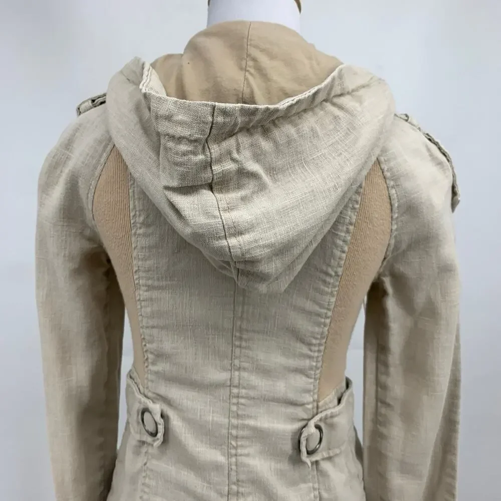 Free People Jacket Womens 0 Beige Ramie Metal Snap Pockets Military Trench Boho